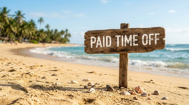Corporate wellness policy and workforce retention concept featuring a paid time off sign on sand.