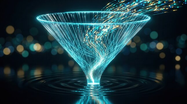 Data funnel concept visualizing conversion optimization and insight through glowing particles.