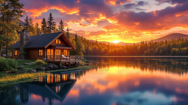 Dreamy home nestled among trees by a serene lake, sunrise illuminating the entire scene with warm golden tones, soft mist, vibrant natural colors, ultra detailed, cinematic composition, realistic fant