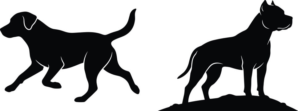 Dog Silhouette Vector Illustration Set Featuring Active Labrador Retriever and Standing Pitbull Terrier Breeds for Canine and Pet Graphic Designs