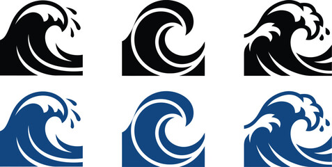 Fototapeta premium Ocean wave icons in black and blue colors illustrating sea water motion and splash for graphic design projects and web symbols collection