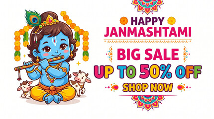 Fototapeta premium Cute Baby Krishna Playing Flute in Colorful Sale Banner for Janmashtami Festival Promotion
