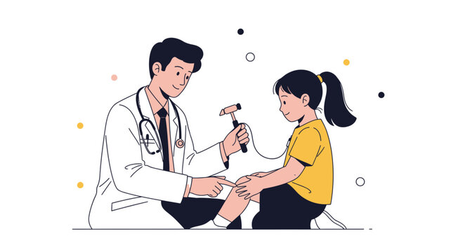 Pediatrician examining a child's knee reflex with a reflex hammer, modern flat illustration