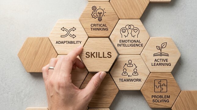 Concept of future skills and personal development with wooden hexagonal blocks and icons.