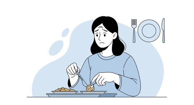Sad Woman Hesitates to Eat Meal, Dieting or Food Aversion Concept