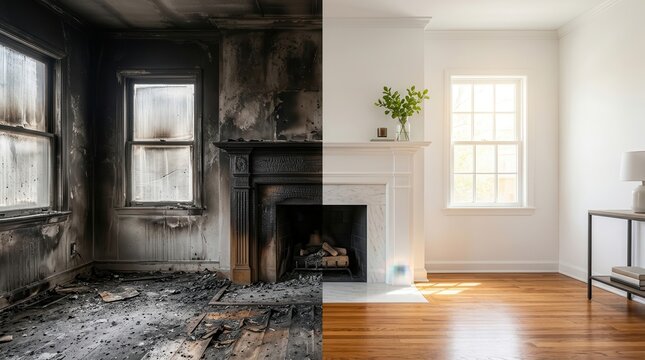 Before and after effect of fire damage restoration featuring soot on walls and a clean renovated interior.