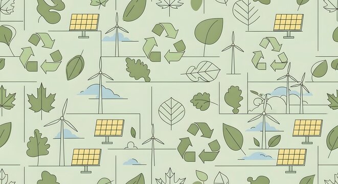 Sustainable energy pattern solar panels wind turbines and recycling symbols