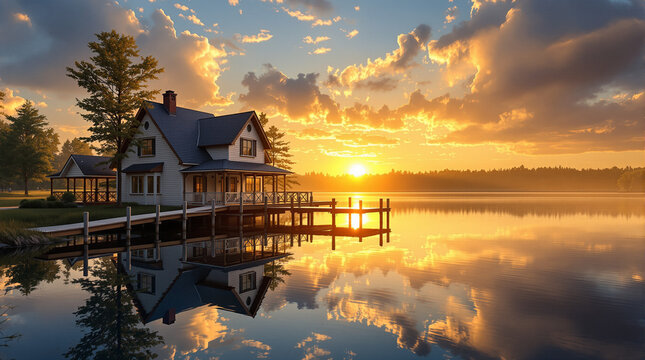 Charming wooden home overlooking a peaceful lake, first rays of sunrise illuminating the scene, glowing sky gradients, reflective water surface, vibrant natural surroundings, atmospheric depth, photor
