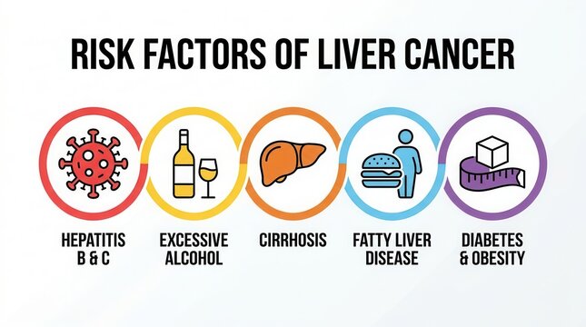 An educational graphic displaying fatty liver disease, diabetes, and obesity as causes of liver cancer.