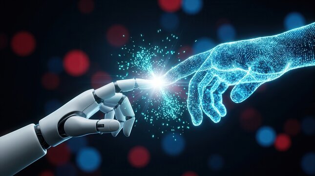 Two AI agents interacting through human and robotic hands with a digital light connection.