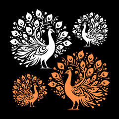 Fototapeta premium Elegant Peacock Silhouette Vector Set with Decorative Floral Tail Feathers – Black and Orange Bird Illustration Collection