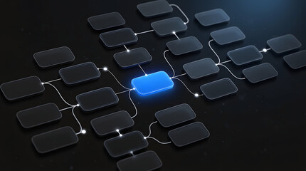 Obraz premium Abstract business workflow diagram in Apple dark mode with glowing blue nodes