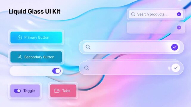 Liquid glass ui kit with buttons and search bars on colorful background