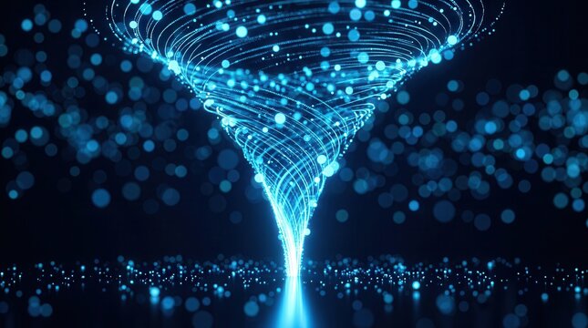 A conceptual lead funnel made of glowing blue particles illustrating data-driven growth and conversion rates.