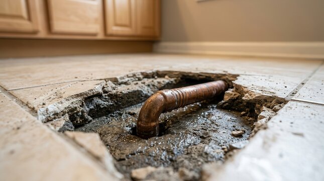 Slab leak repair scene featuring an exposed pipe under broken tile and damaged flooring.