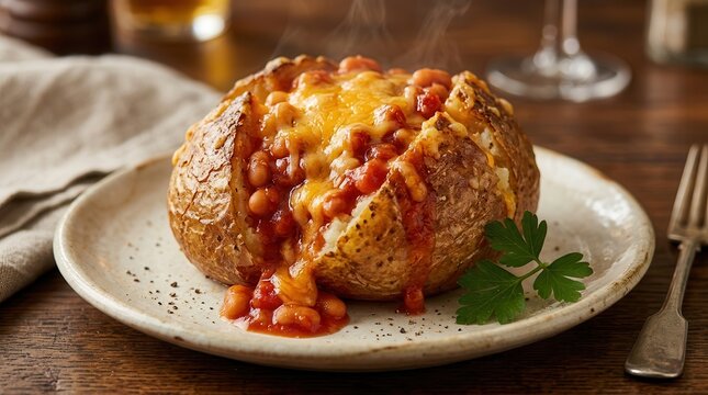 Baked jacket potato served with savory tomato beans and cheddar cheese topping.
