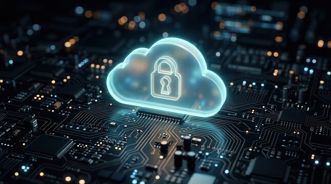 Secure cloud computing icon with a padlock floating on a technical circuit board background.