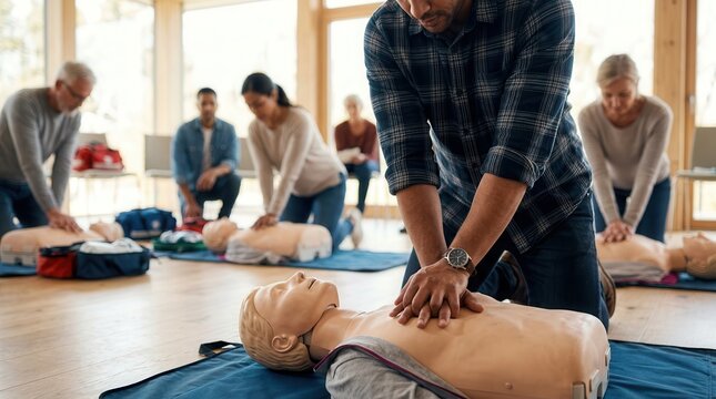 Medical mannequin used for CPR training and emergency first aid skills practice in a group.