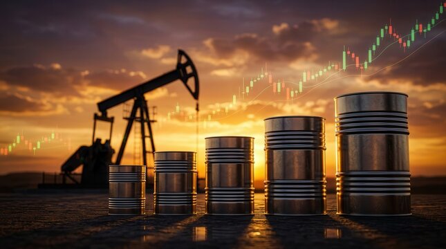 Economic concept of rising oil prices shown by a candlestick chart overlaying oil barrels and a pumpjack silhouette.