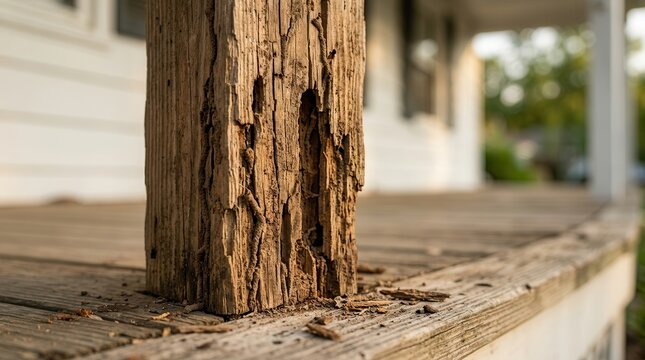Structural risk of termite infestation in a decaying residential porch post.