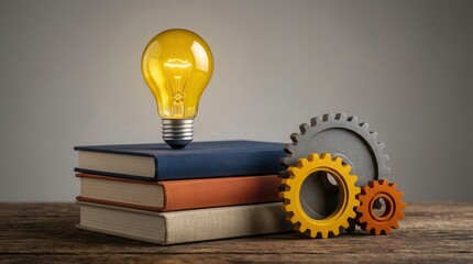 Structured knowledge flow concept with a bright light bulb, books, and mechanical gears.