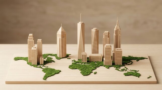Long-term operational resilience and social value concept with wooden architecture and green world map.