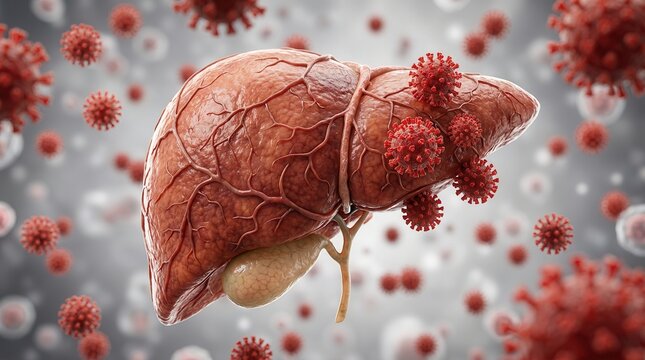 A medical illustration showcasing the human liver's structure and the impact of a viral threat.