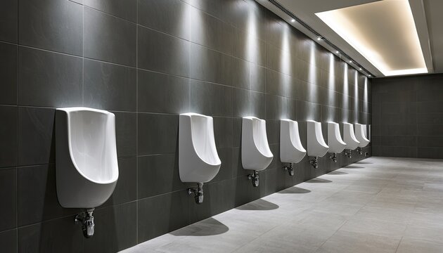 Modern public restroom with row of white urinals against dark tiled wall