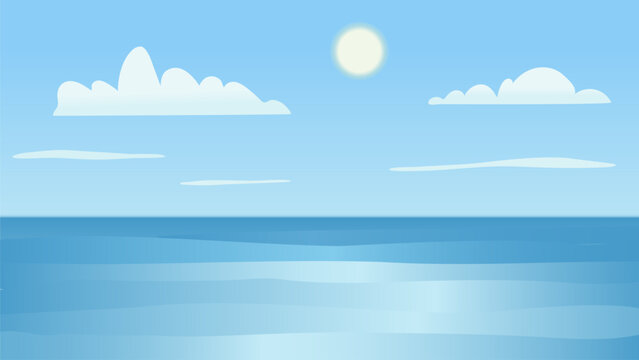 Minimalist horisontal illustration of a serene ocean landscape with bright sun and fluffy clouds over calm blue water, presented in a clean square format