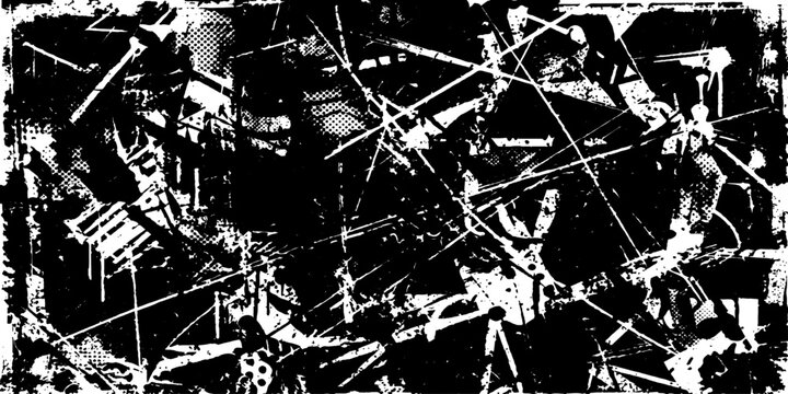 A chaotic and abstract monochrome composition of distressed textures, sharp lines, and fragmented shapes creates a powerful visual narrative of urban decay and rebellion.