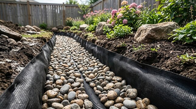A yard grading slope with a gravel trench, perforated pipe, and river rock.