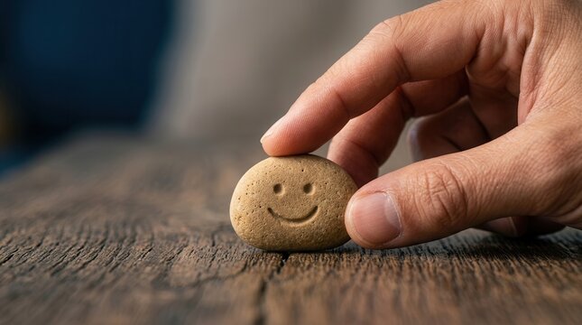 Concept of customer advocacy and brand loyalty shown by a hand holding a smiling pebble on a wooden surface.