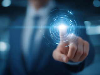 Fototapeta premium Futuristic Interaction: A businessman in a sharp suit extends his finger to touch a glowing, futuristic interface, symbolizing innovation and the digital age.