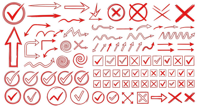 Collection of red hand drawn checkmarks and arrows