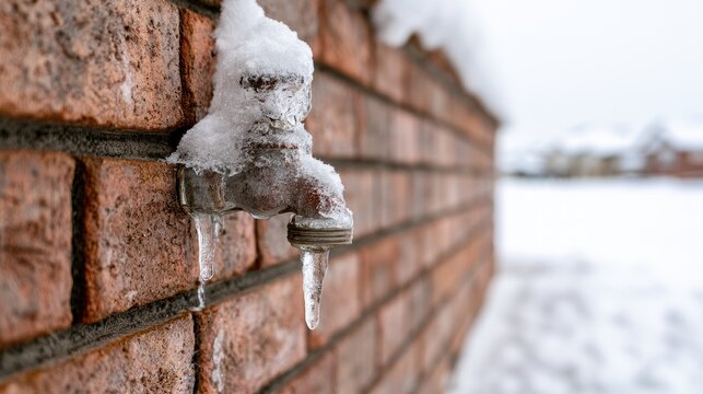 Frozen outdoor faucet encased in ice with icicles dripping, against brick wall
