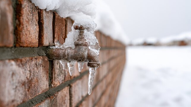Icy faucet on brick wall, winter snow, cold season outdoor, frozen