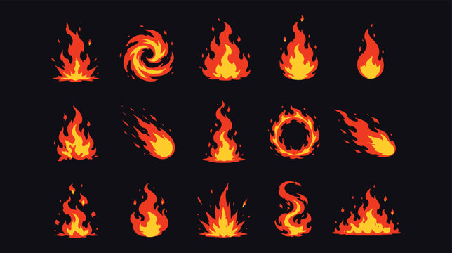 Collection of fire flame icons in varied shapes on a dark background, featuring sparks, swirls, rings, and burning effects for game assets, stickers, warning signs, logos, and hot energy designs.
