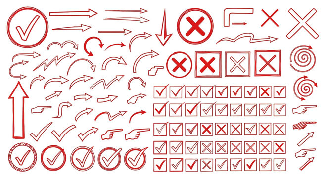 Collection of red handdrawn checkmarks, arrows, and symbols for business or design use