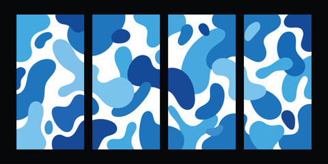 Abstract blue liquid blob pattern set with organic camouflage shapes on white background for textile. © The Artist