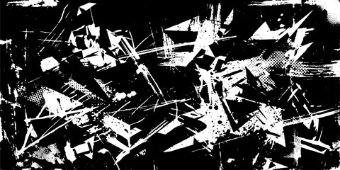 An abstract monochromatic composition featuring sharp, angular geometric shapes and dynamic lines, creating a sense of energetic chaos and deconstruction. © GREENPIXEL Art