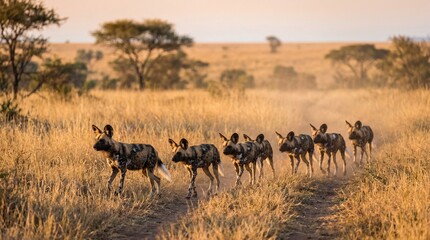 Wildebeest herd running on savannah road at sunset
