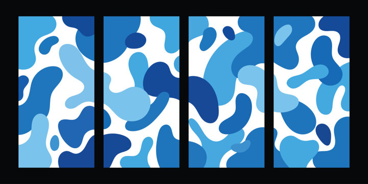 Abstract blue liquid blob pattern set with organic camouflage shapes on white background for textile.