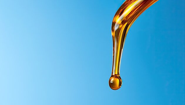 Golden viscous liquid drips from a curved spout against a soft blue background
