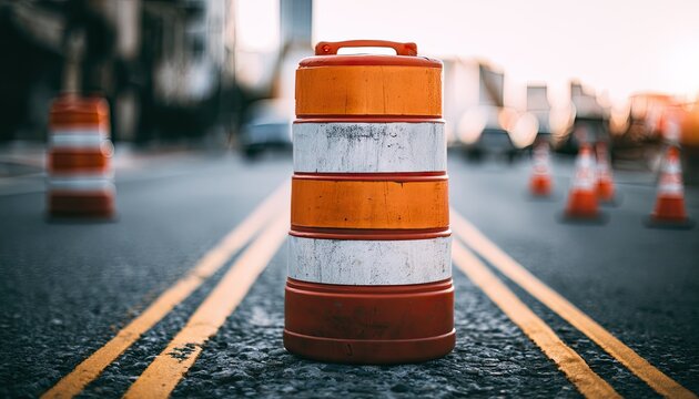Orange and white striped traffic barrels stacked on a road