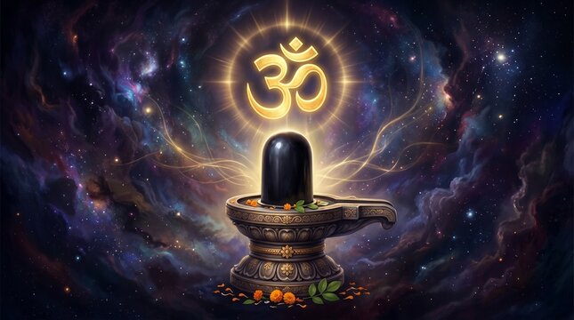 Golden glowing shiva lingam with om symbol in cosmic space background for nag panchami representing divine energy sacred power and hindu cosmic ...
