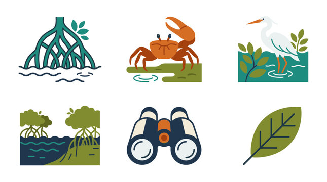 Set of icons representing mangrove ecosystem elements including roots crab egret binoculars and leaf