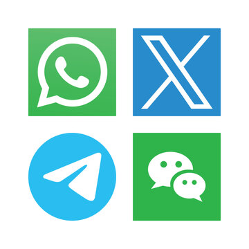 Set of 4 essential social media and messaging app icons: WhatsApp, X, Telegram, and WeChat. High-quality vector symbols perfect for web UI, mobile app design