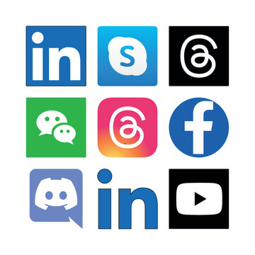 A grid of 9 popular social media and communication app icons including LinkedIn, Threads, Facebook, and YouTube. High-quality vector assets for digital UI, web interface design, and social media 