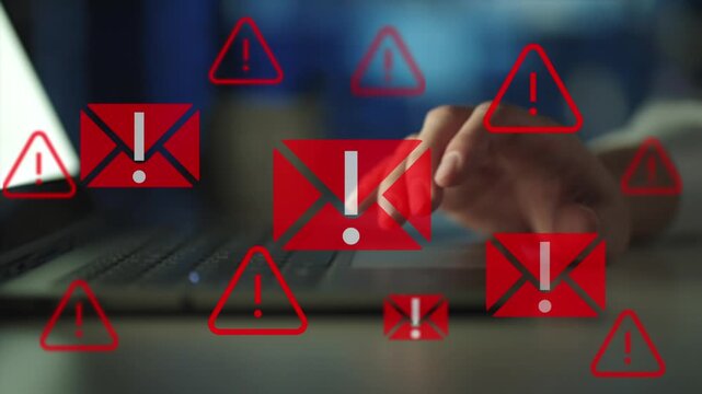 Suspect emails alert spam virus message caution sign for notification on internet threat security. Harmful, junk mail and Trash, Spam email pop up warning.
