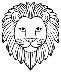 Fototapeta premium Cartoon lion head illustration in black and white, front view, isolated